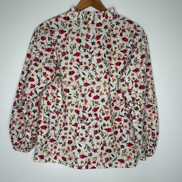 J Crew Scalloped Tie Neck Top XS Long Sleeve Vintage Floral Cottage - Picture 2 of 8